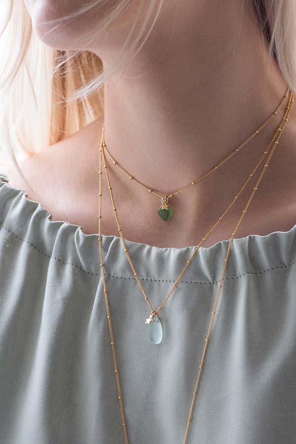 Sea glass & small gold star charm necklace