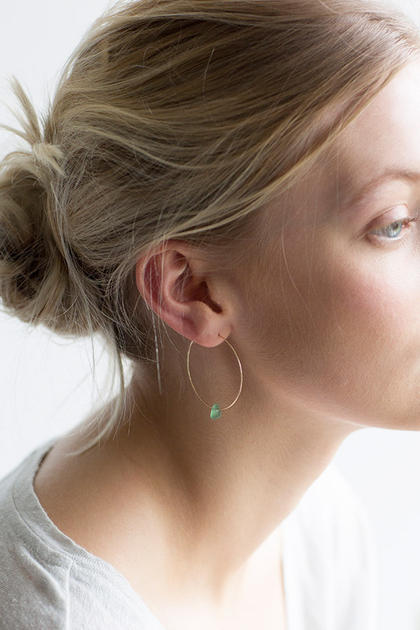 Fine wire hoop earrings with sea glass nugget in gold