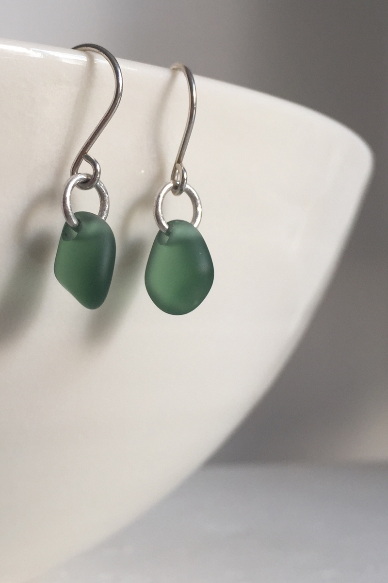 Silver earrings with sea glass drops